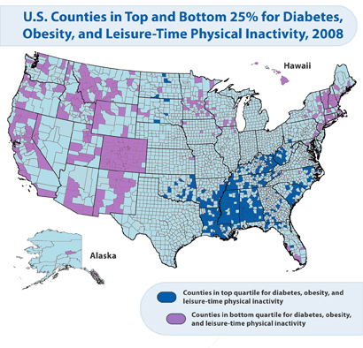 Map: U.S. Counties in the Top and Bottom 25% for Diabetes, Obesity, and Leisure-Time Physical Inactivity, 2008.