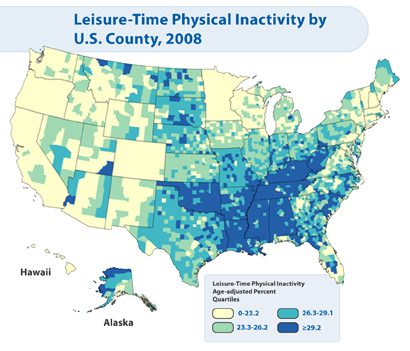Map: Mean Leisure-Time Physical Inactivity by U.S. County, 2008.