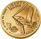 Image shows the front of the $5 Star-Spangled Banner gold coin.