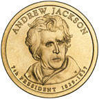 Image shows the front of the Andrew Jackson Presidential $1 coin with standard inscriptions.