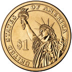Image shows the back of a Presidential $1 coin with standard inscriptions.