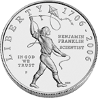 Image shows the front of the "Scientist" coin, with young Franklin flying a kite.