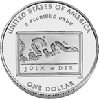 Image shows the back of "Scientist" coin, with Franklin's political cartoon.