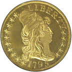 Image shows the front of the 5-dollar gold coin of 1795 with standard inscriptions but no denomination.
