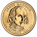 Image shows the front of the James Madison Presidential $1 coin.