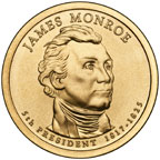 Image shows the front of the James Monroe Presidential $1 Coin.