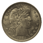 OBVERSE: Lady Liberty with a crown of laurel leaves on her head, the motto 'In God We Trust,' and Barber's B initial at the base of her neck.