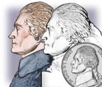 Image shows Jefferson, his bust, and the traditional nickel image lined up.
