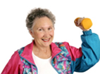 Photo of an old woman exervising with dumbbell.