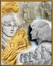 Image shows a collection of faces from the linked coins.