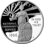Image shows the front of the National Community Service dollar.