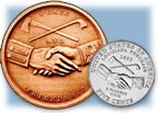 Image shows a Jefferson Peace medal and the similar design on the Peace Medal nickel.