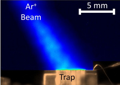 Argon ion beam impinging on a surface electrode trap