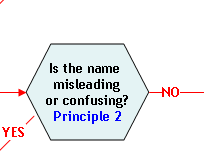 Flow Chart Section 12: Is the name misleading or confusing? (Principle 2). If yes, proceed to Section 14; if no, proceed to Section 6 (successful termination).