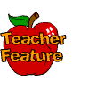 Teacher Feature with a scholarly worm coming out of an apple.