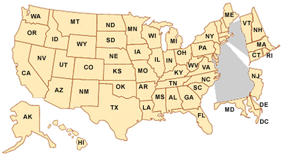 Map of the United States. Click on a state for more info on State Immunizations websites.