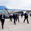 President Barack Obama arrives at Port Columbus International Airport. Columbus, Ohio with Sen. Sherrod Brown, Rep. Mary Jo Kilroy, and the Secret Service.