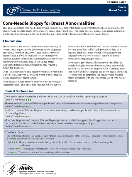 Picture of front page of Core-Needle Biopsy for Breast Abnormalities clinician summary.