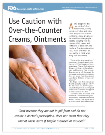 Cover page of PDF version of Use Caution with Over-the-Counter Creams, Ointments article, including close up photo of woman applying cream to her leg.