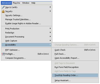 Adobe menus to display Touch-up Reading Order