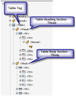 Table tag tree, highlights on Table heading section and table body section