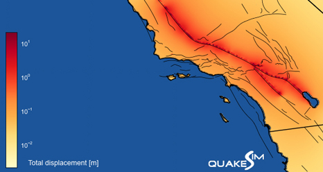 The total ground deformation caused by a simulated magnitude 8.0 earthquake on the San Andreas fault.
