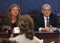 Elke Weber on left and Myron Gutmann at the May 23 Human Behavior Hill event.