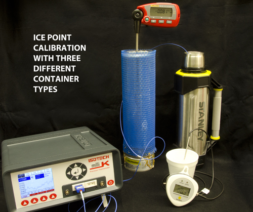 Ice point calibration with three different container types.