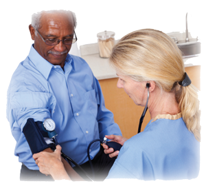 Nurse taking a man’s blood pressure
