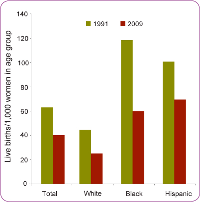 US Birth Rates for Teens 15-19 Years by Race/Ethnicity, 1991 and 2009