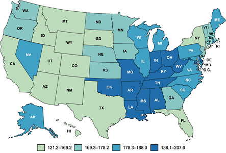 Map of the United States showing all cancers combined death rates by state.