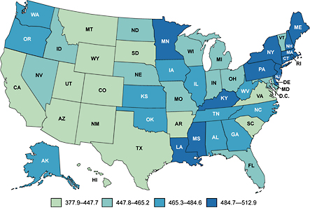 Map of the United States showing all cancers combined incidence rates by state.