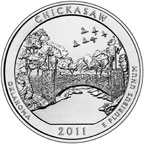 Image shows the back of the Chickasaw quarter with the inscriptions Chickasaw, Oklahoma, 2011, and E Pluribus Unum.