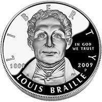 Proof Obverse: Louis Braille Bust and "In God We Trust" and "Liberty" and year 1809 and 2009.