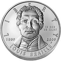 Uncirculated Obverse: Louis Braille Bust and "In God We Trust" and "Liberty" and year 1809 and 2009.