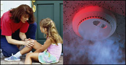 Collage: A mother tending to her daughters injurd knee. A smoke alarm.