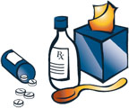 Illustration of prescription medicine, pills, a spoon and tissue.