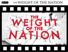 map of the U.S. with cracks under the words "Weight of the Nation," with filmstrip border and HBO name