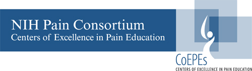 Blue banner with phrase "NIH Pain Consortium - Centers of Excellence in Pain Education"