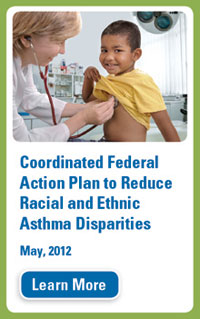 picture of a child being examined, with the text "Coordinated Federal Action Plan to Reduce Racial and Ethnic Asthma Disparities"