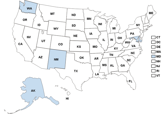 This map shows the 4 states in the list below that have immunity laws