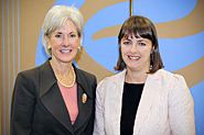 HHS Secretary Sebelius poses with Australian Minister of Health and Ageing, Nicola Roxon. Photo Credit: Don Conahan.