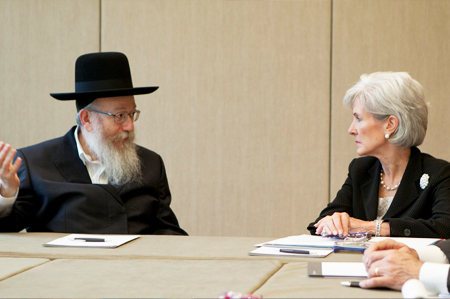 HHS Secretary Sebelius with Israeli Deputy Minister of Health, Yaakov Litzman. The US held a bilateral meeting with Israel at the 65th World Health Assembly. Credit: Photo by US Mission/Eric Bridiers.