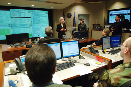 HHS Secretary Sebelius and Assistant Secretary for Public Preparedness, Dr. Lurie, visit the Secretary’s Operation Center. Credit: Photo by Chris Smith – HHS Photographer.
