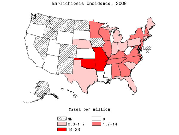 Map: Annual reported incidence (per million population) for E. chaffeensis in the United States for 2008.