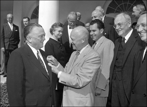 Director J. Edgar Hoover receives the National Security Medal from President Dwight Eisenhower on May 27, 1955