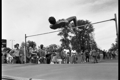 President Gerald R. Ford watches high jump athletes practice in Plattsburgh, New York