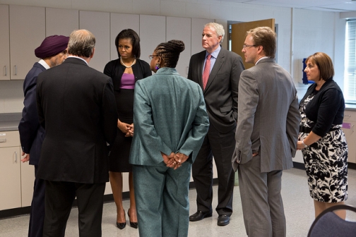 First Lady Michelle Obama talks with community leaders at Oak Creek High School