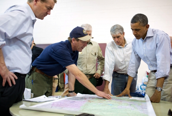 President Barack Obama Looks at a Map of Fires