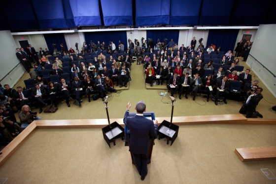 President Barack Obama holds a press conference in the South Court Auditorium